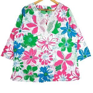 Talbots Womens Embroidered Floral Blouse Size XL Classic Cotton 3/4 Sleeves